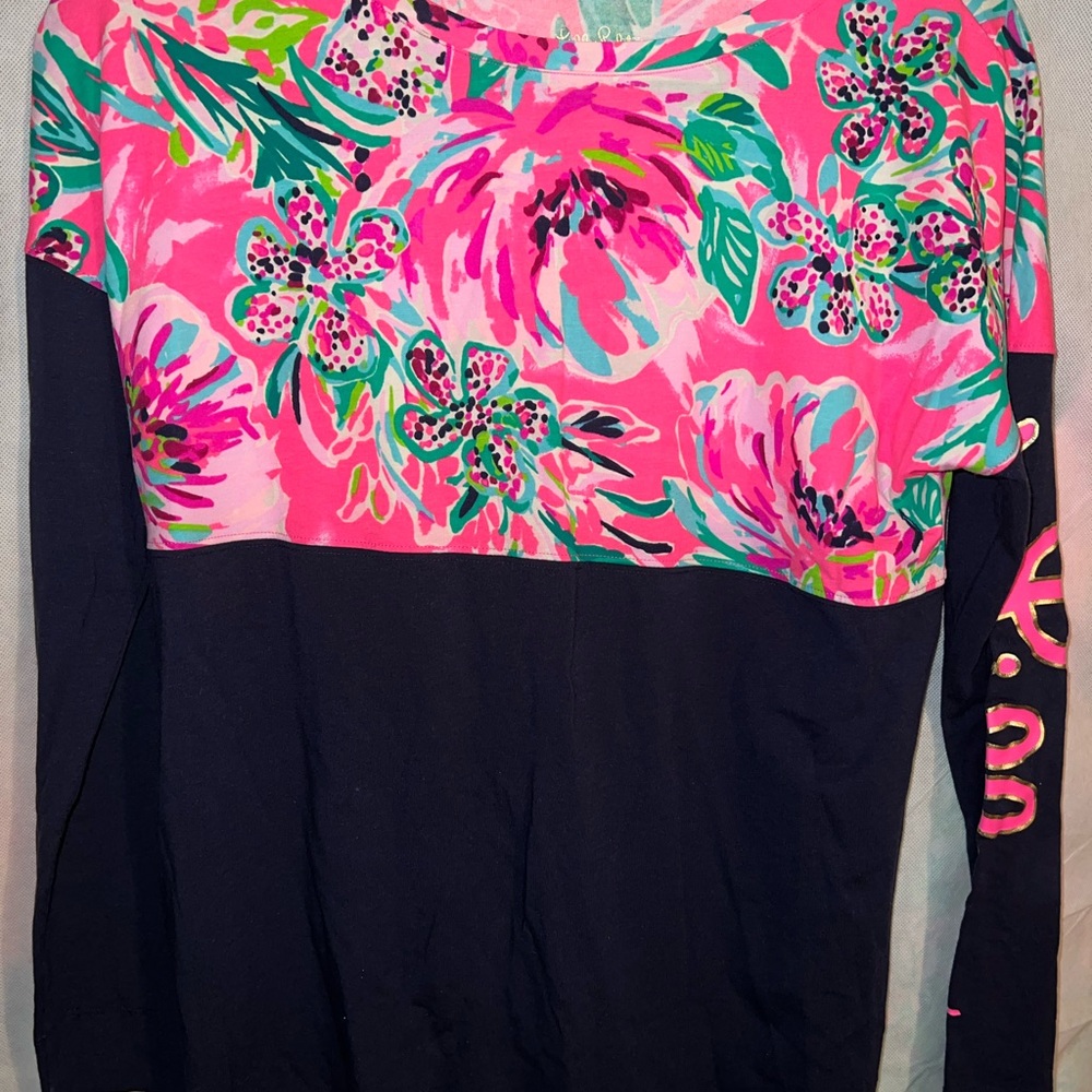 Lilly Pulitzer Floral Pink and Navy Long Sleeve Top